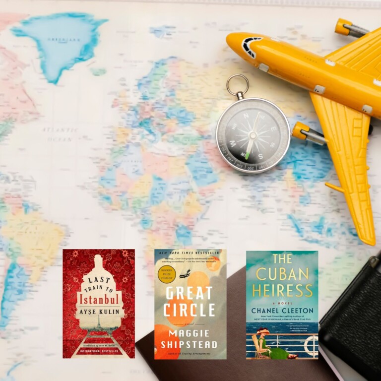 World map photo with toy airplane and three book covers on top