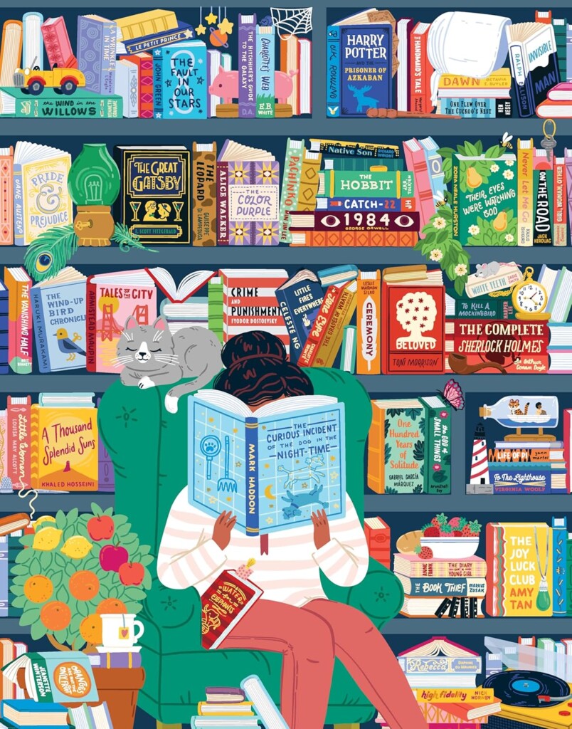 Puzzle featuring a woman sitting in a green overstuffed chair reading a book surrounded by shelves of must read classic novels