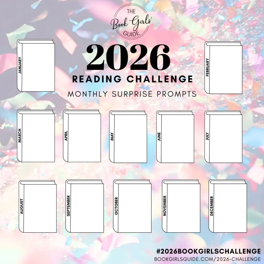 Square Social Sharing Template for Surprise Reading Challenge Prompts on a background of confetti