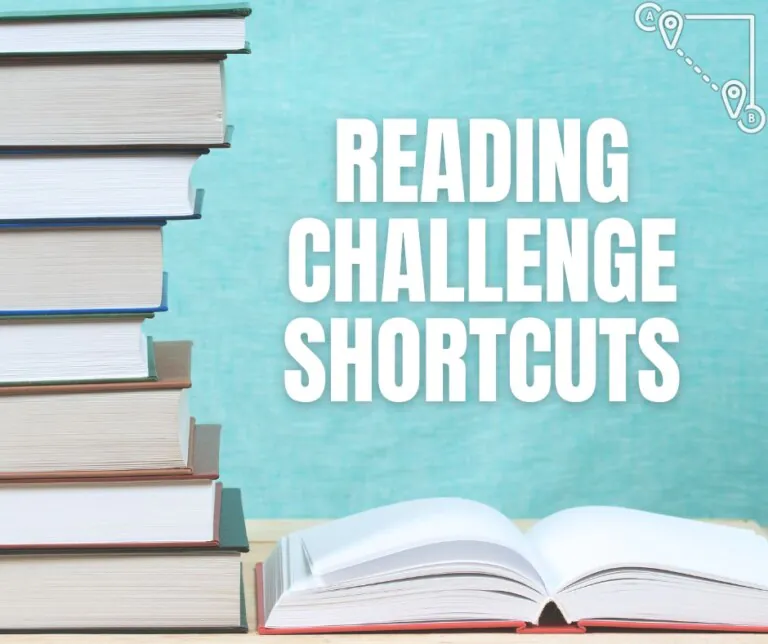 Stack of books with words "Reading Challenge Shortcuts"