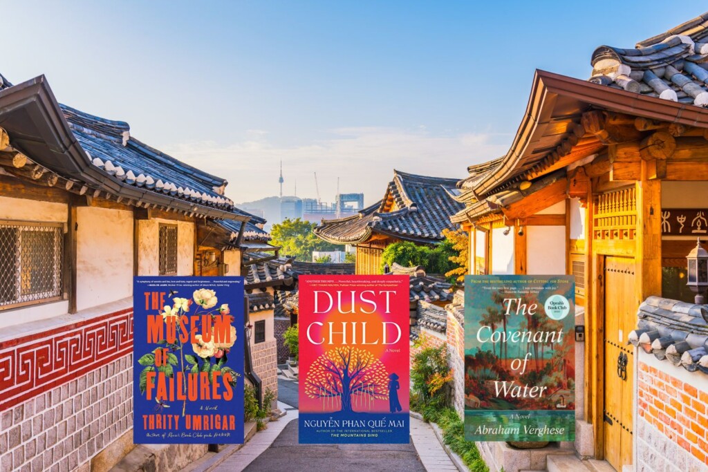 Southern Asia architecture photo with three book covers on top