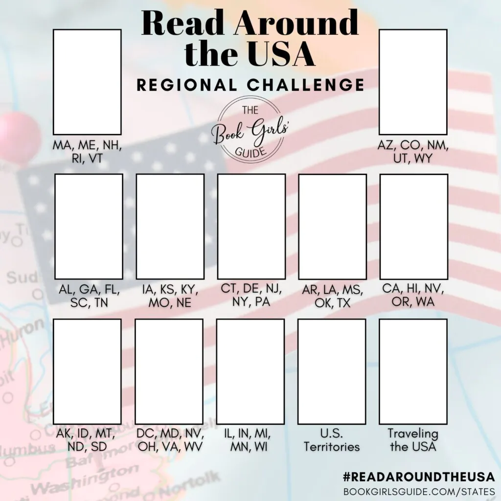 Read Around the USA 2025 Reading Challenge Social Sharing Template with space to add book covers for each of the reading prompts