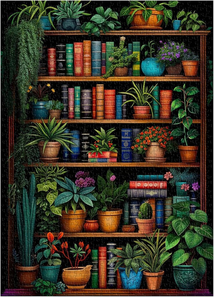 1000 piece puzzle of a dark bookshelf filled with books and houseplants