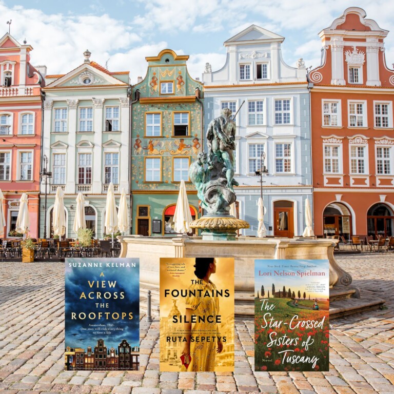 Western European architecture photo with three book covers on top