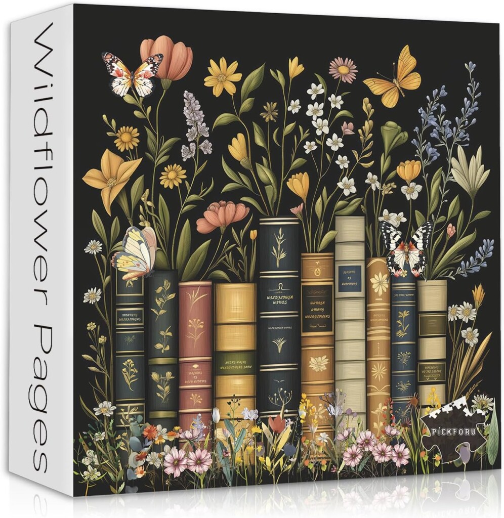 Puzzle with a black background, a row of vintage books, and wild flowers growing out of the books