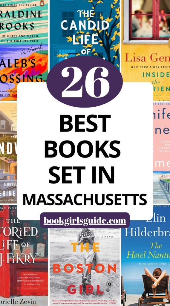 Eight book covers overlaid with a white rectangle in the center of the image and black text that reads 26 Best Books Set in Massachusetts