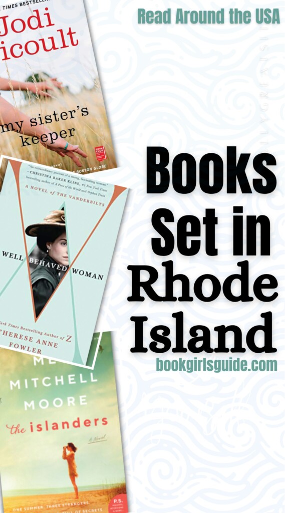 Three stacked book covers with text reading Books Set in Rhode Island