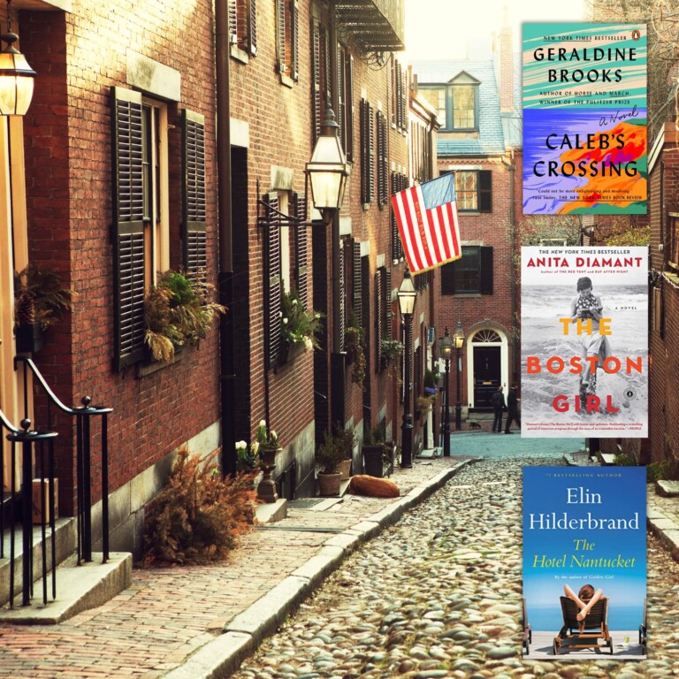 Photo of historic Boston red brick row homes with three Massachusetts book covers overlaid in the bottom right corner