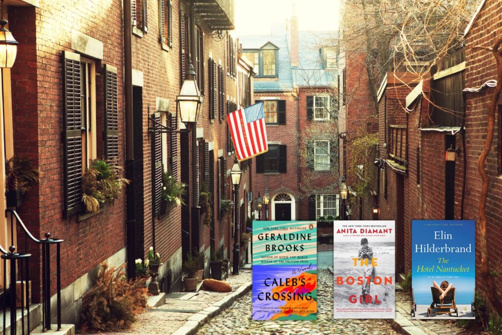 Photo of historic Boston red brick row homes with three Massachusetts book covers overlaid in the bottom right corner