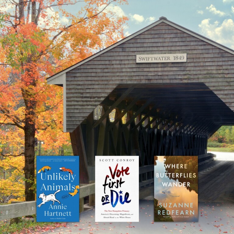 Old covered bridge in fall scenery with three book covers overlaid