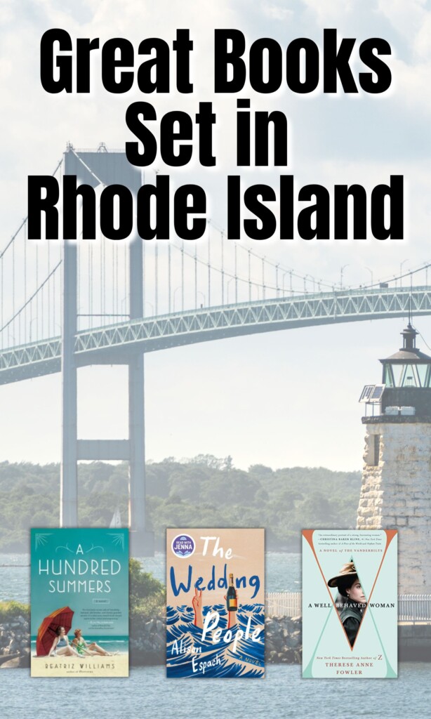 Image of tall Newport bridge with water, lighthouse, and three book covers overlaid