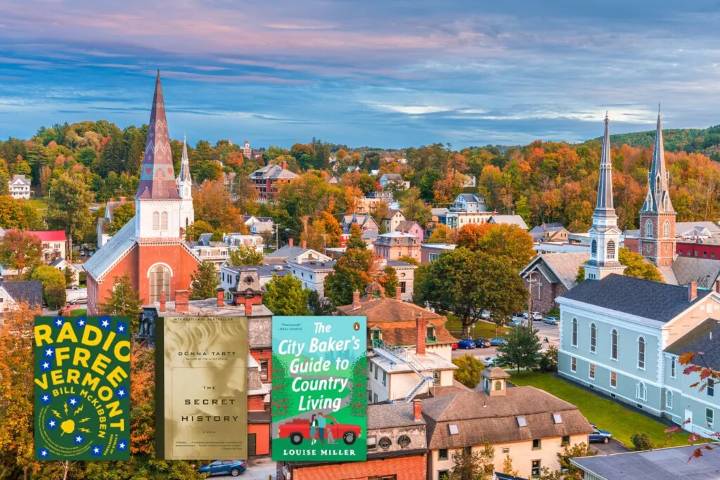 aerial photo of church and fall trees in Montepelier, Vermonth