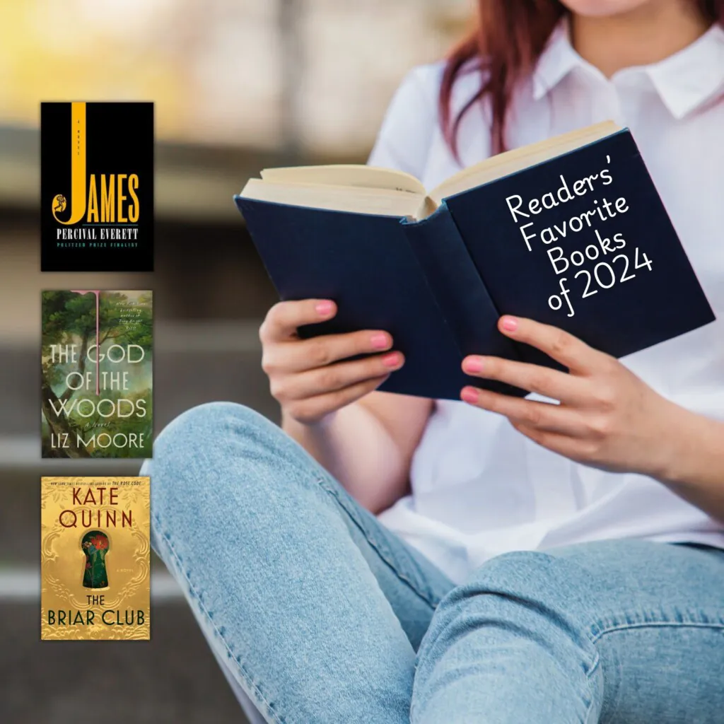 Women holding a book that says Readers' Favorite Books of 2024 and three book covers overlaid on the left of the image