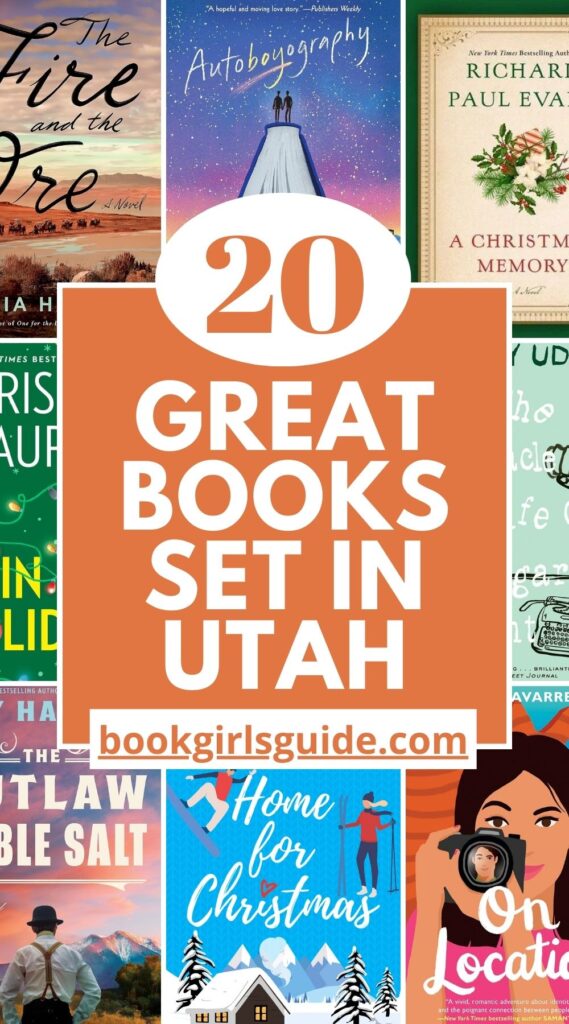 Eight book covers with text in the middle that reads 20 Great Books Set in Utah