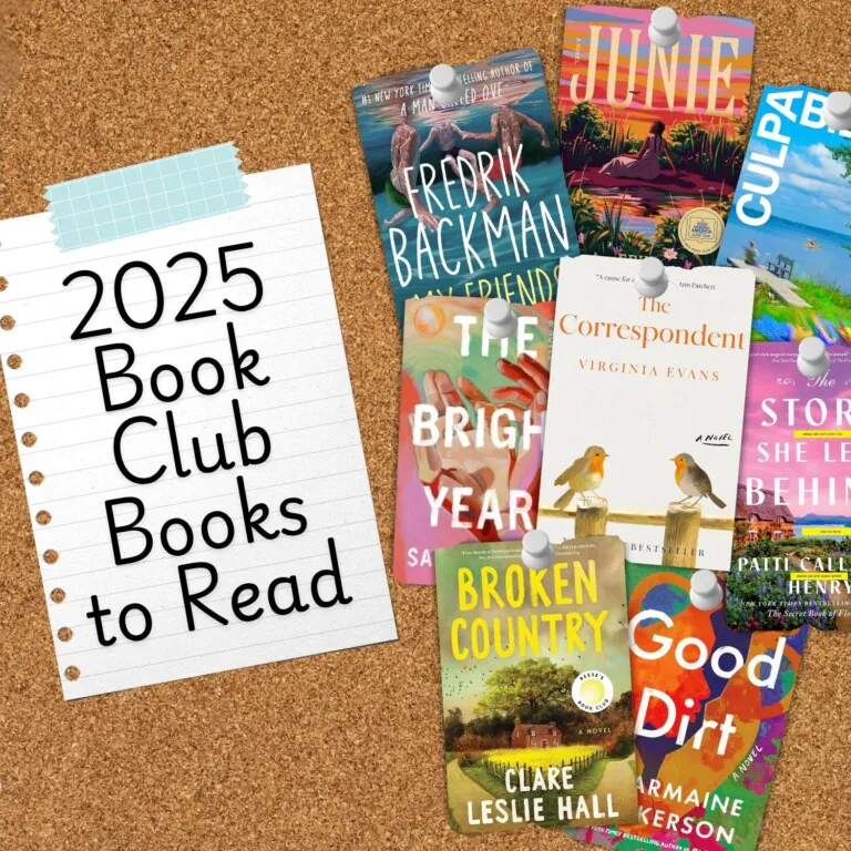 Corkboard with pinned up book covers and note reading 20205 Book Club Books to read