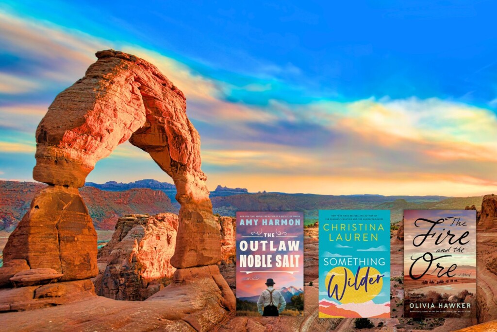 photo of a red rock arch in southern Utah overlaid with three book covers of books set in Utah along the right side of the image