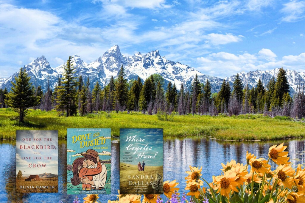 Photo of Wyoming mountains and lake overlaid with three book covers of books set in Wyoming