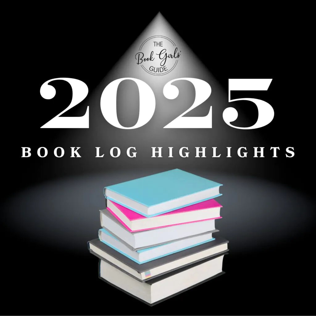 Stack of books in a spotlight on a black background with white text that reads 2025 Book Log Highlights