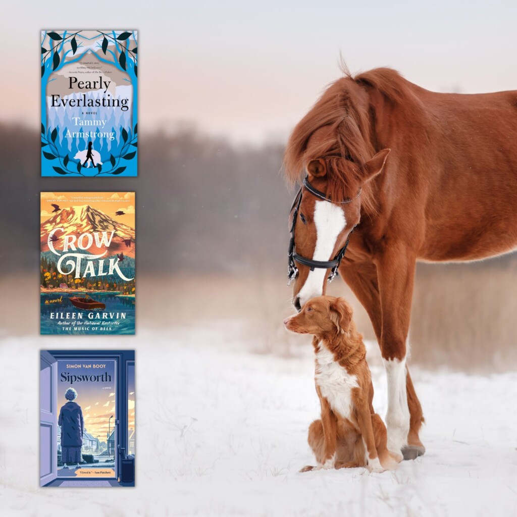 brown horse and dog in snowy field with three book covers