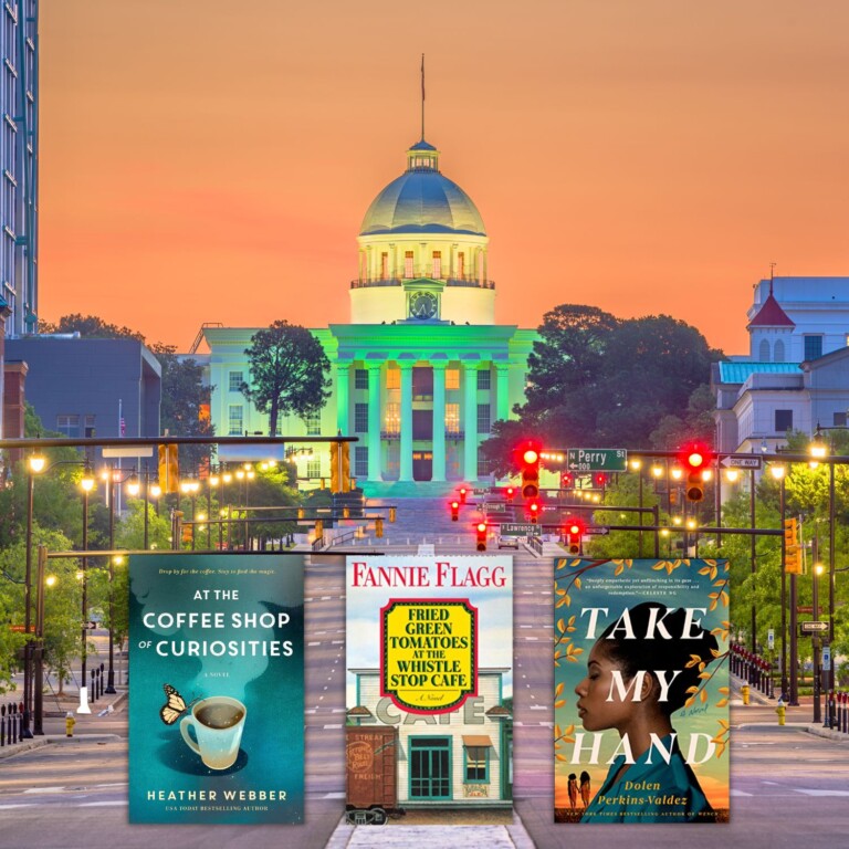 photo of Montgomery Alabama with an orange sunset + 3 book covers