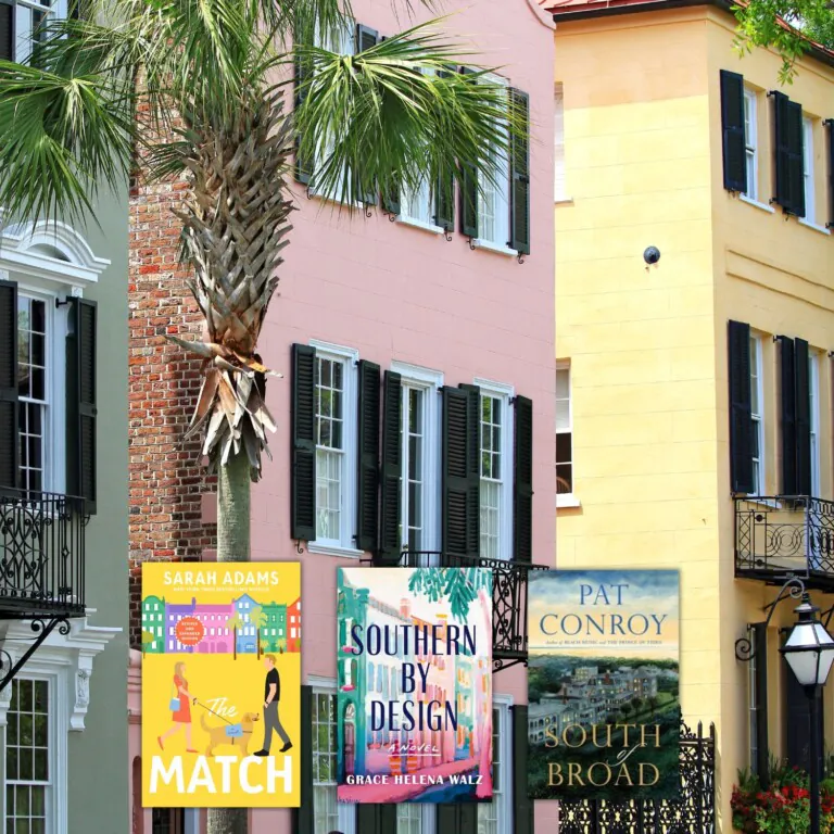 Photo of colorful homes in Charleston with three book covers across the bottom of books set in Charleston