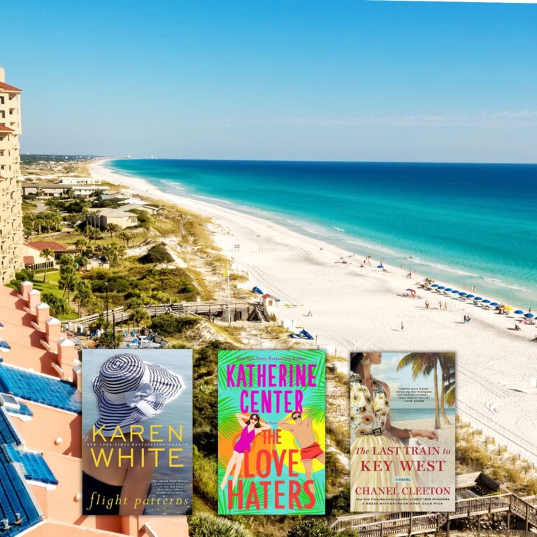 Florida beach with white sand and turquoise water + 3 book covers