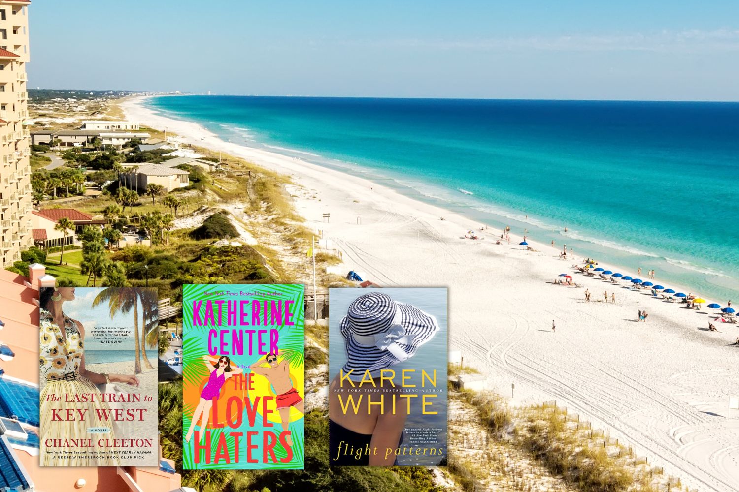 Florida beach with white sand and turquoise water + 3 book covers