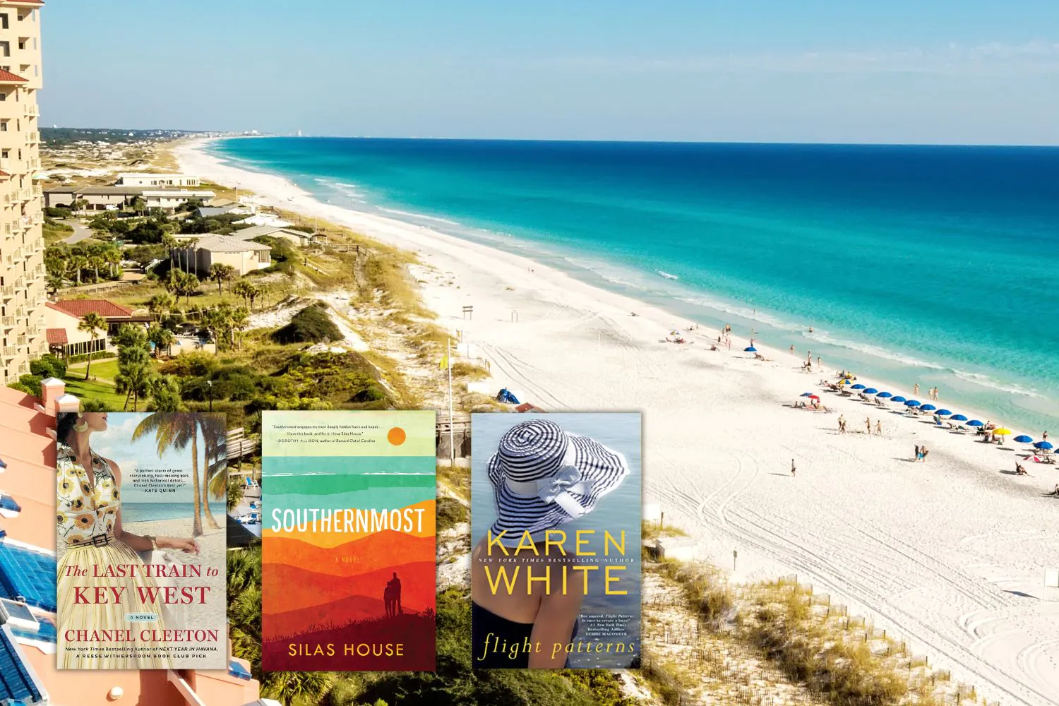 Florida beach with white sand and turquoise water  + 3 book covers