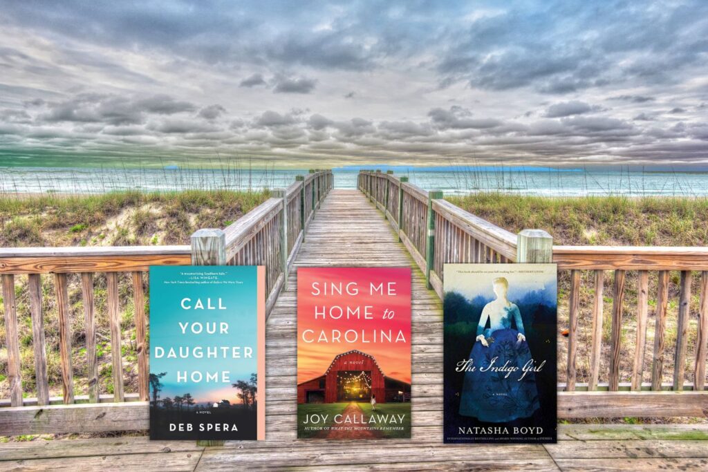 Photo of South Carolina Lowcountry with three book covers of books set in South Carolina