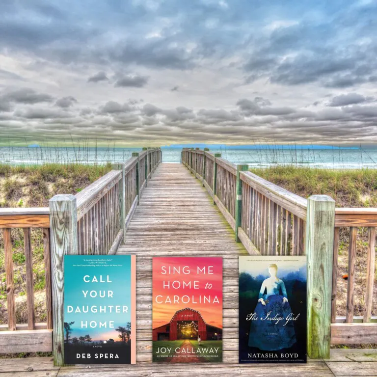 Photo of South Carolina Lowcountry with three book covers of books set in South Carolina