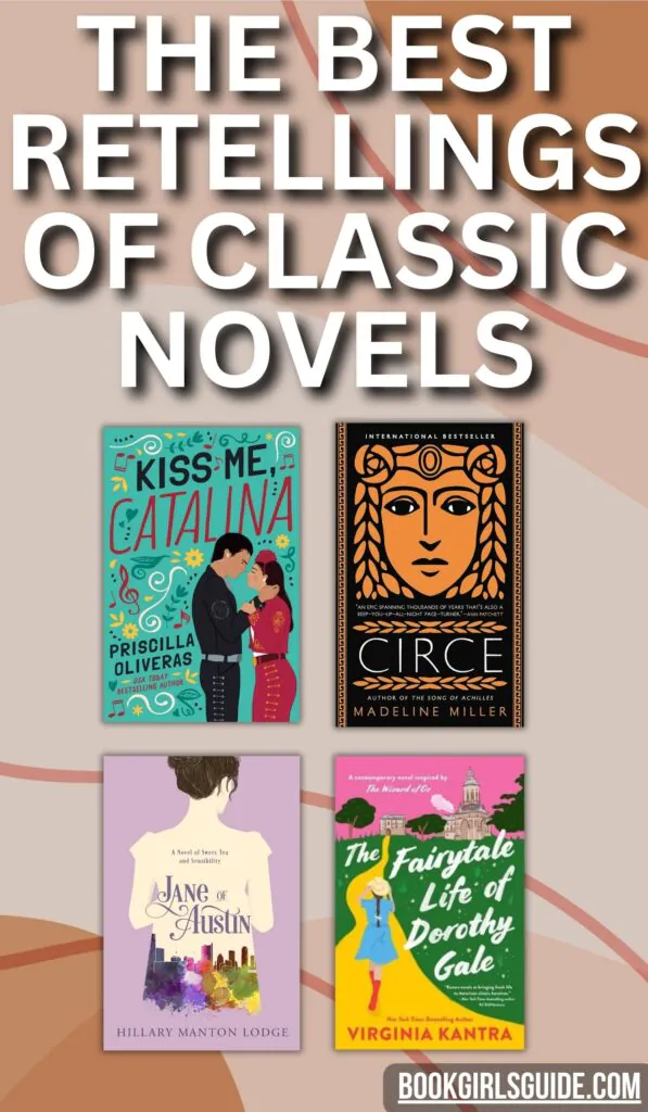 beige patterned background with four book covers and text that reads The Best Retellings of Classic Novels