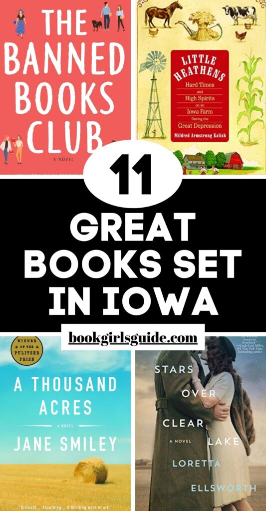 Book covers in each of the four corners with text across the middle of the graphic that reads 11 Great Books Set in Iowa