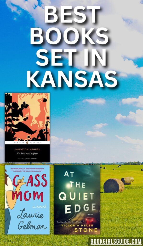 Photo of Kansas farmland with three book covers and white text that reads Best Books Set in Kansas