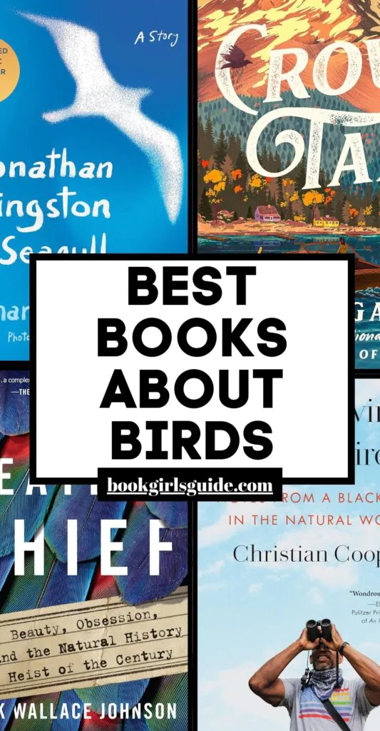 four book covers with a white box in the middle of the graphic and black text that reads Best Books About Birds