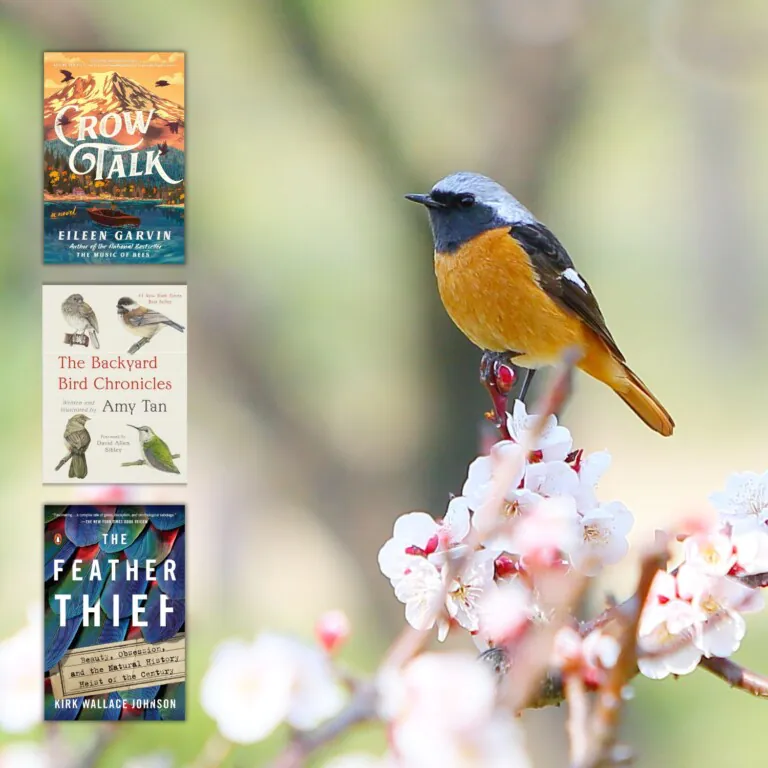 bird on blooming cherry blossom branch with 3 books overlaid