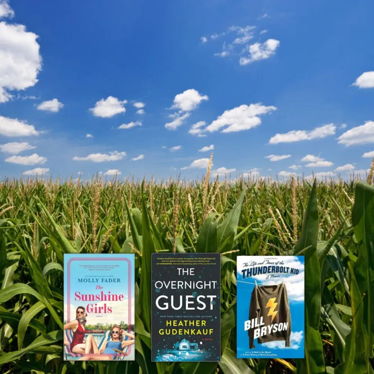 Photo of Iowa cornfields overlaid with three covers of books set in Iowa