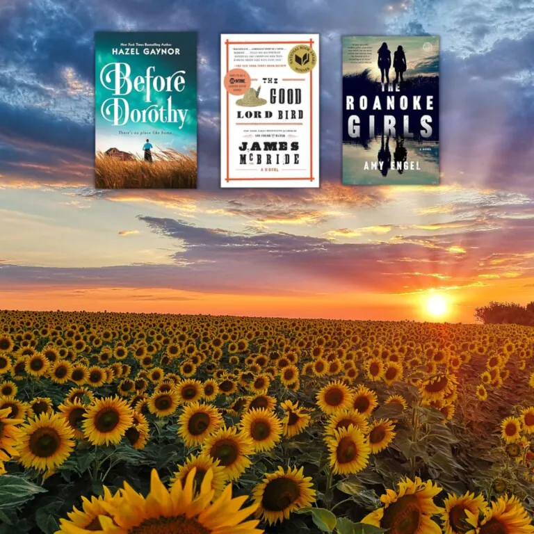 Photo of a field of sunflowers in Kansas overlaid with three covers of books set in Kansas