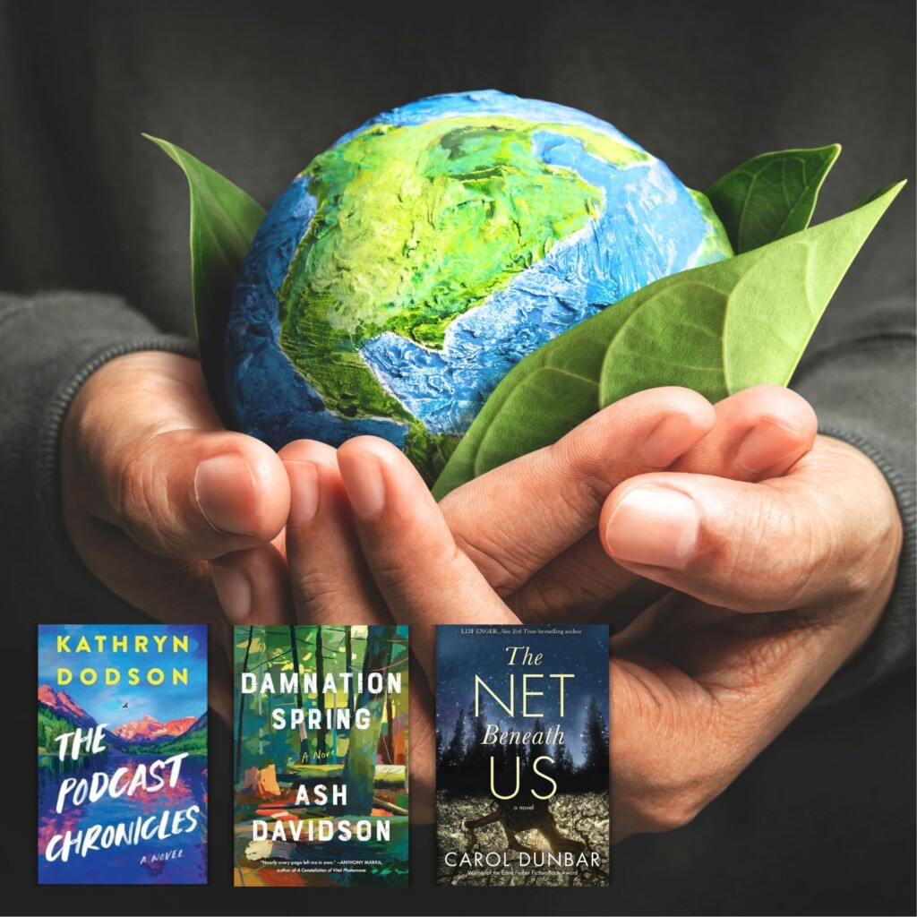 Hands holding small earth with leaves and three earth day books for adults