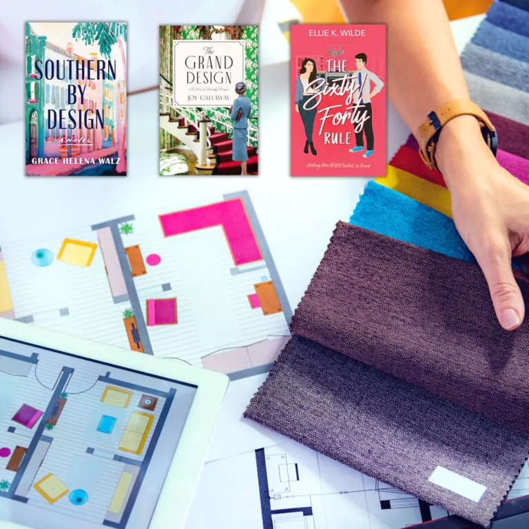 Photo of interior design furniture plans on a tablet and on paper with fabric swatches on one side and three covers of books featuring interior designers across the top