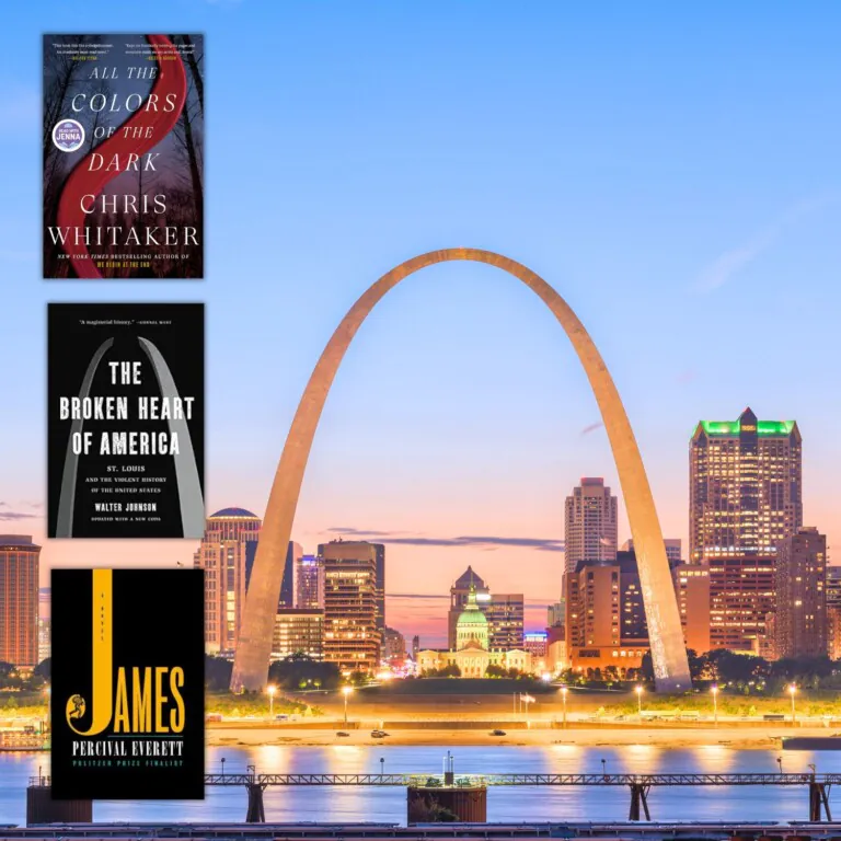 Photo of the St. Louis Arch at dusk with three covers of books set in Missouri overlaid along the left edge of the photo