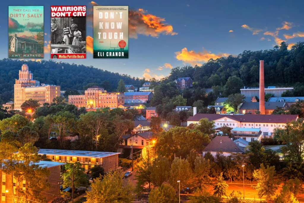 Photo of Hot Springs, Arkansas at dusk with the covers of three books set in Arkansas