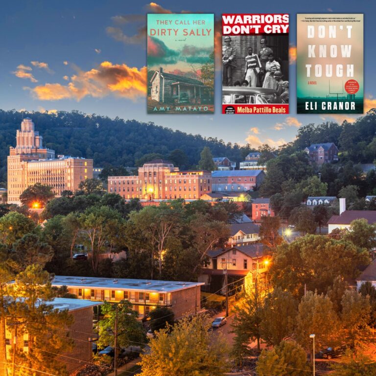 Square photo of Hot Springs, Arkansas at dusk with the covers of three books set in Arkansas