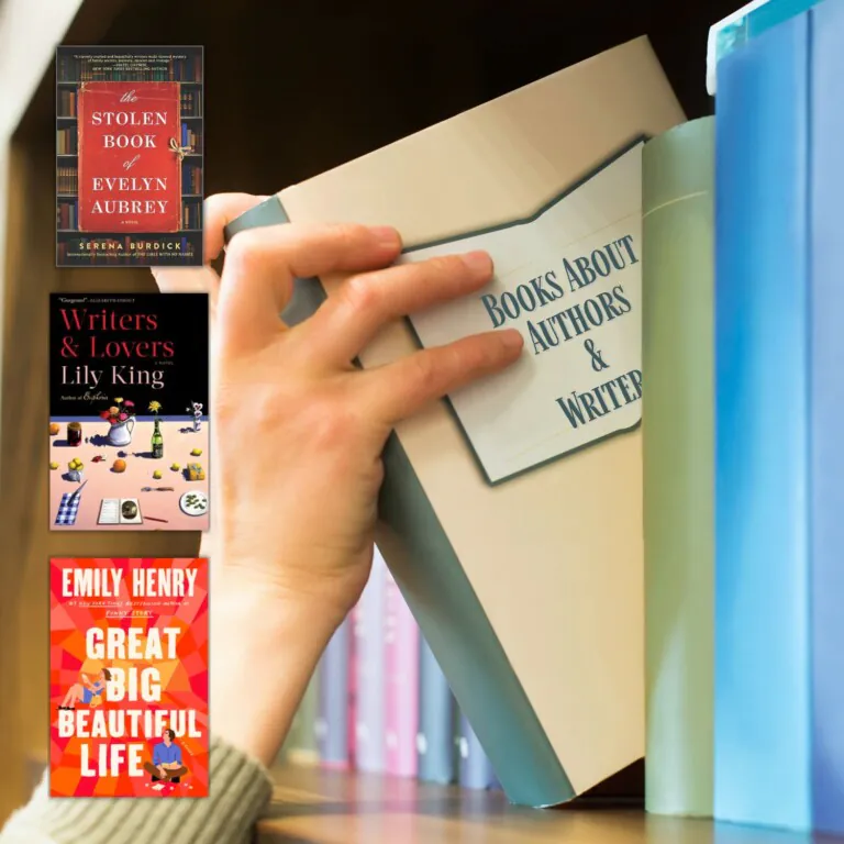 Hand pulling book off shelf with title of Books About Authors & Writers