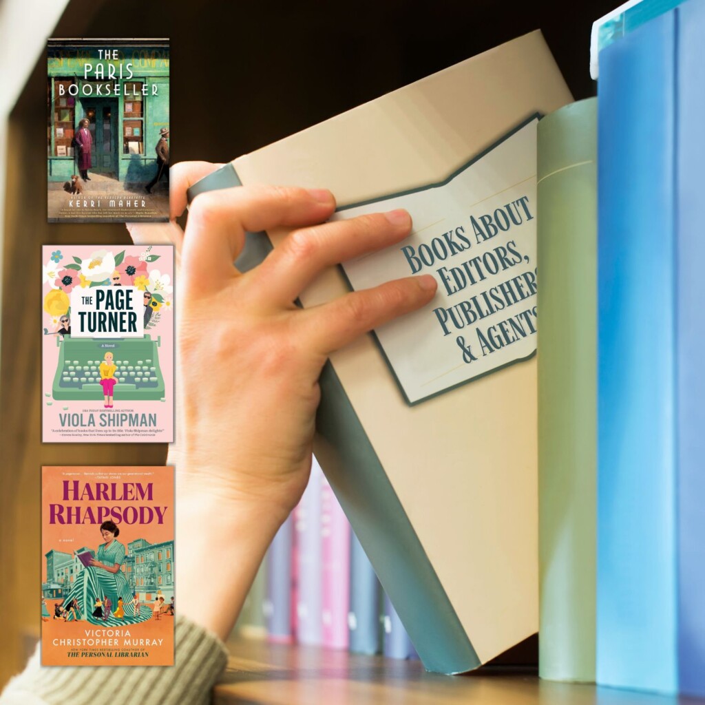 Handing pulling book titled "Books about Editors, Publishers, & Agents" off the shelf