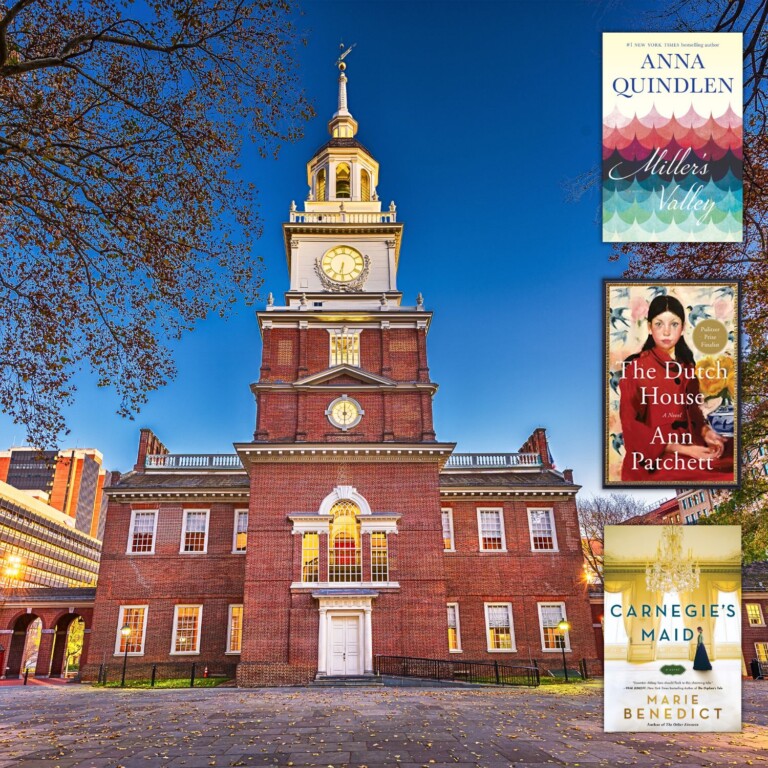 Photo of Independence Hall in Philadelphia at dusk with the covers of three books set in Pennsylvania along the right side of the image