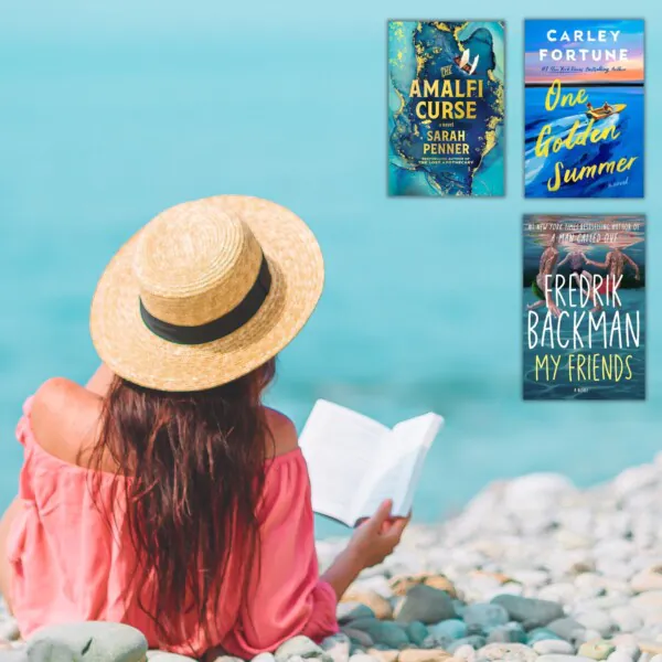 3 book covers of 2025 beach reads for summer with woman reading on the beach
