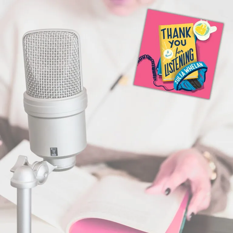 Photo of an audiobook narrator in the background and a microphone in the foreground with the cover of Thank You For Listening in the top right corner