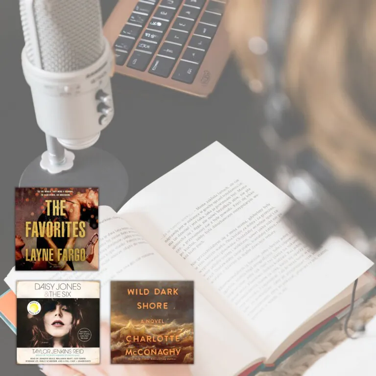 Three square audiobook covers with open book and microphone