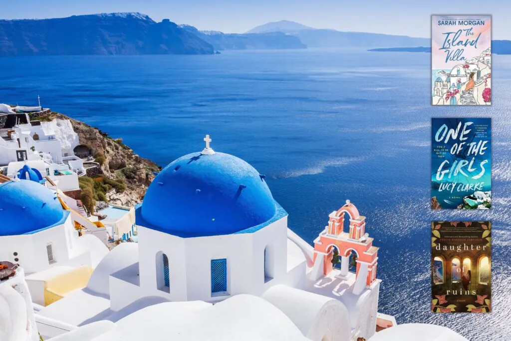 Photo of whitewashed buildings and blue domed churches in the town of Oia, Santorini overlooking the Aegean Sea with three covers of books set in the Greek Islands overlaid on the right side of the photo