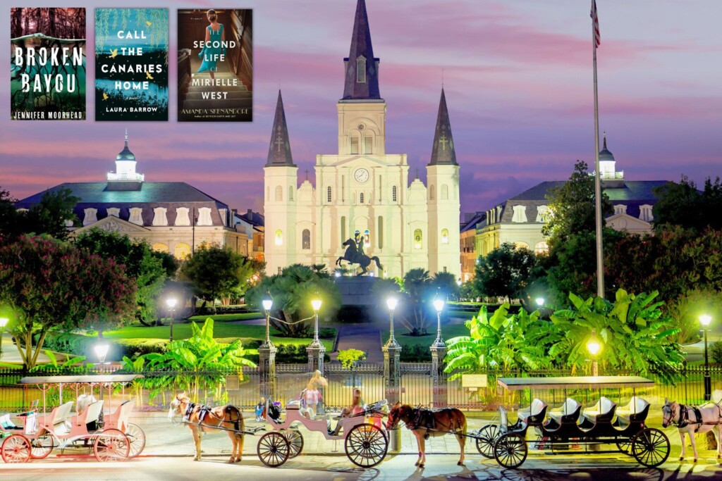 Dusk photo of Jackson Square New Orleans with 3 book covers